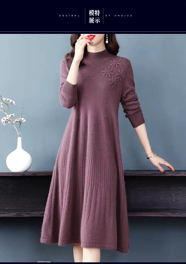 Women's embroidered wool blend midi jumper dress in a rich purple hue, featuring floral details — view 17 — view 21
