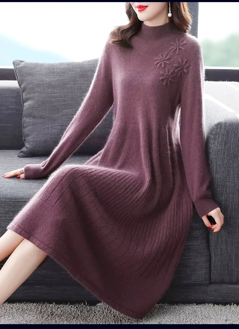 Women's embroidered turtleneck wool blend midi jumper dress in a rich plum colour, featuring floral details — view — view 22