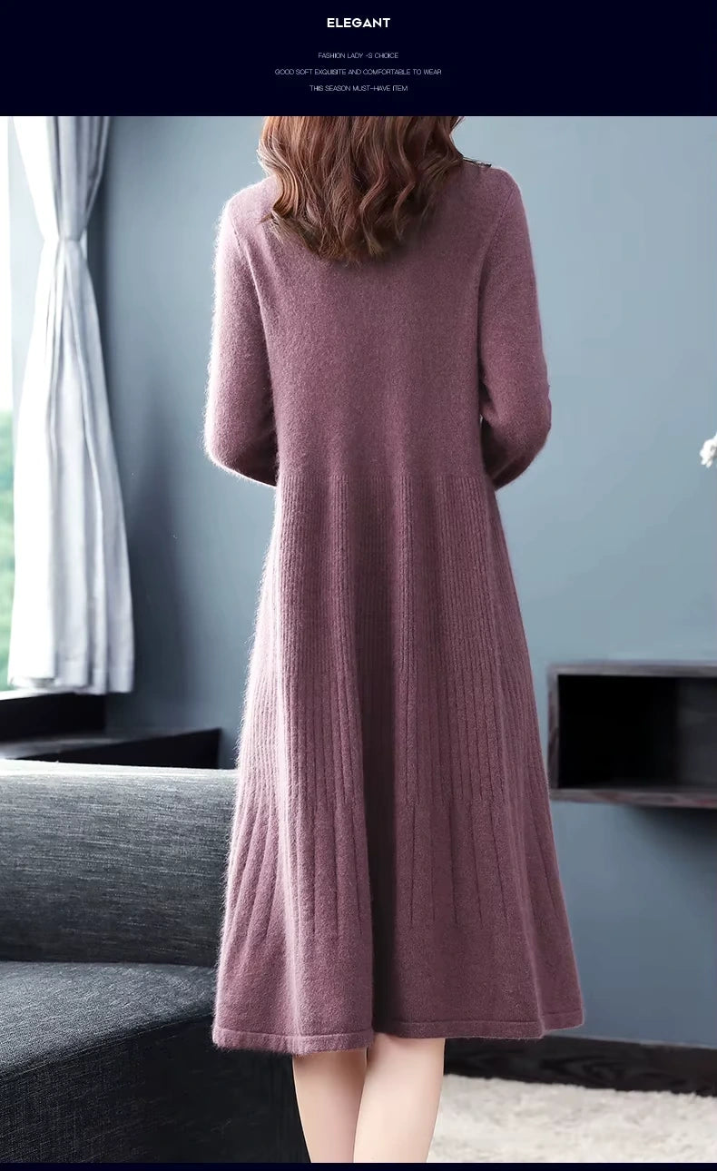 Back view of a purple wool blend midi jumper dress with embroidered details — 19 — view 23