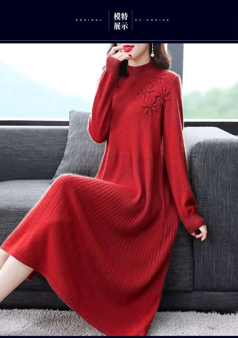 Women's embroidered turtleneck wool blend midi jumper dress in a rich red hue, seated view — 20 — view 24