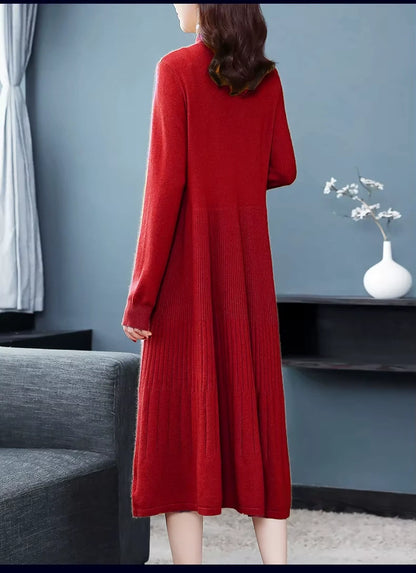 Red wool blend midi jumper dress with embroidered details, back view — 21 — view 25