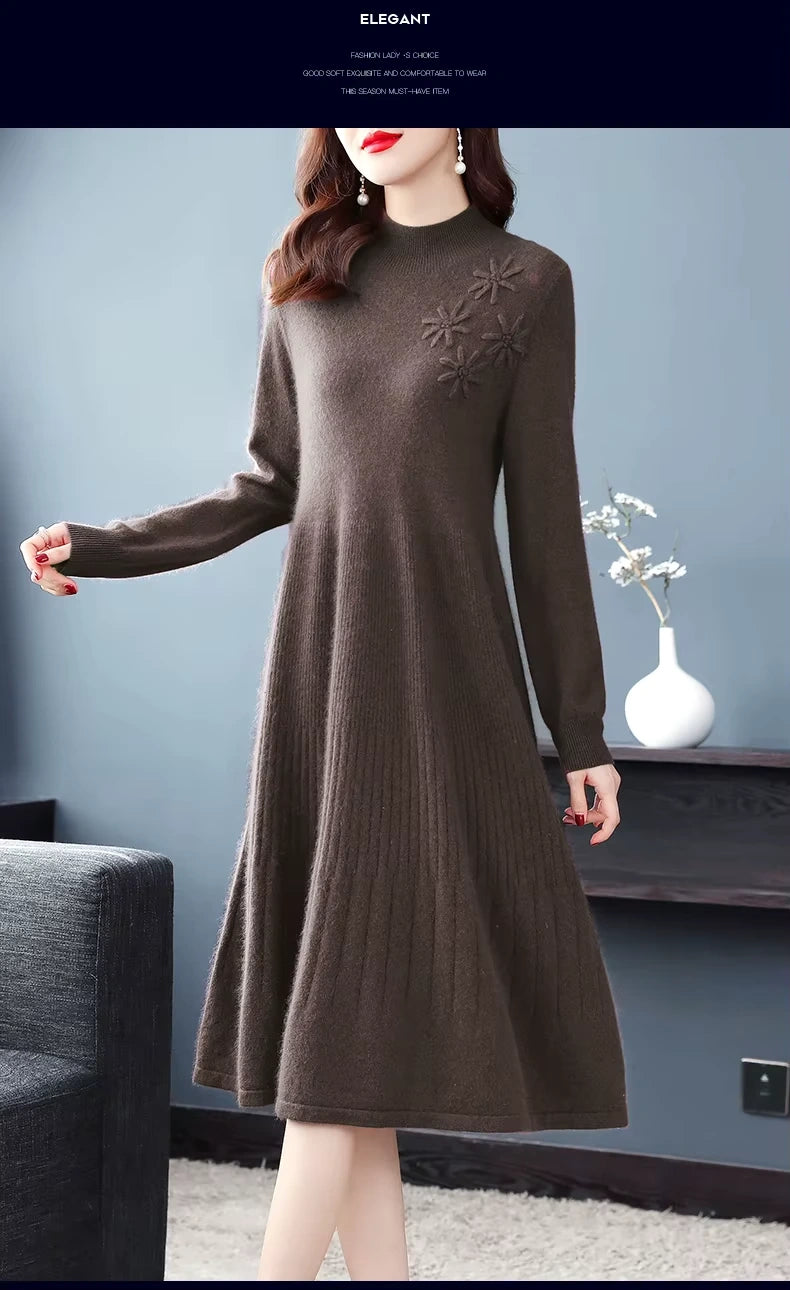 Brown wool blend midi jumper dress with embroidered floral detail on the shoulder — view 22 — view 26