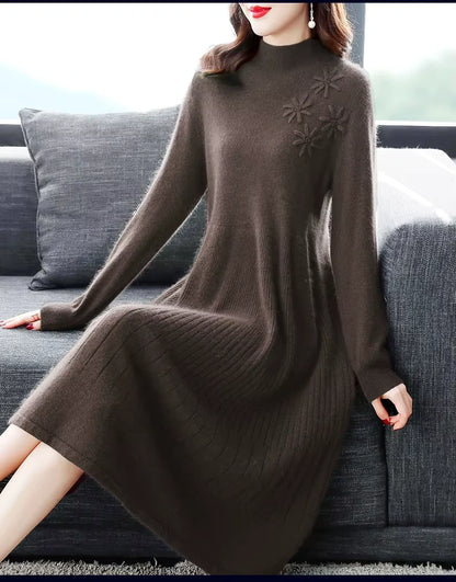Brown wool blend midi jumper dress with embroidered floral details on the shoulder, seated view — 23 — view 27
