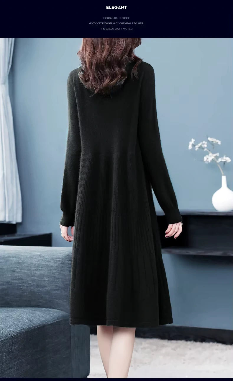Black wool blend midi jumper dress with embroidered details, back view — 25 — view 29