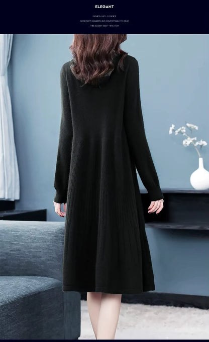 Black wool blend midi jumper dress with embroidered details, back view — 25 — view 29