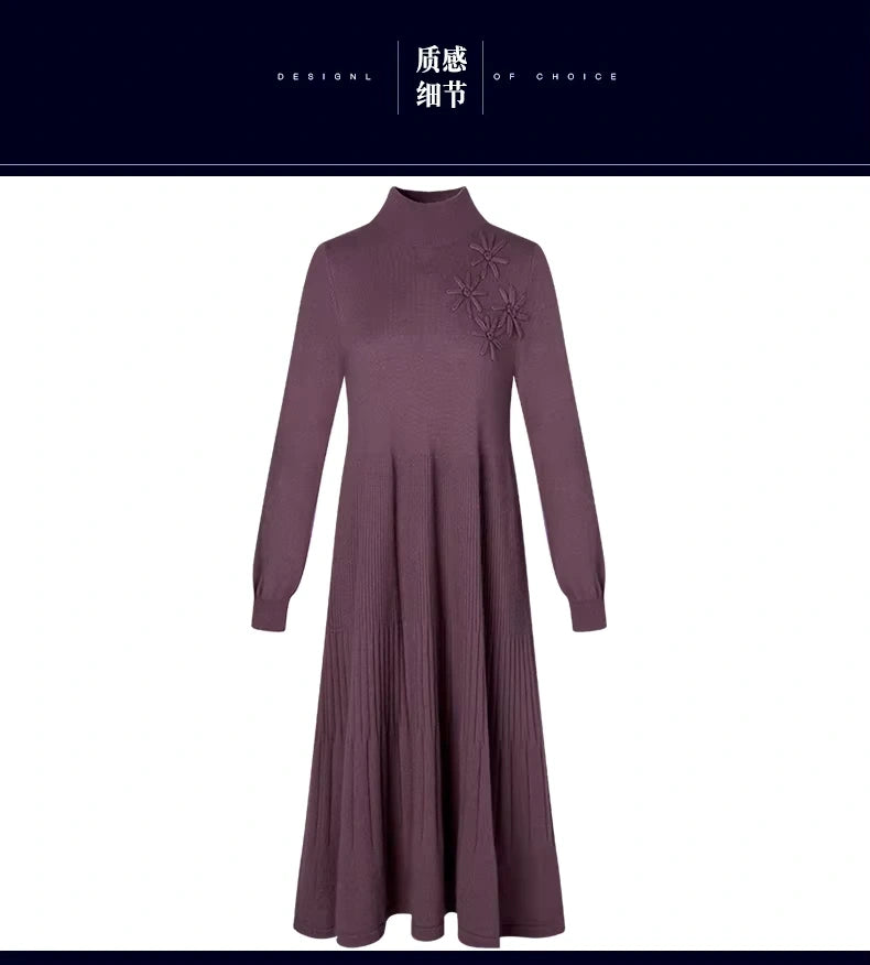 Women's embroidered wool blend midi jumper dress with floral details and long sleeves, front view — 26 — view 30