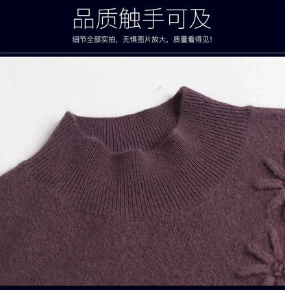 Close up of women's embroidered turtleneck wool blend midi jumper dress in dark purple — view 27 — view 31