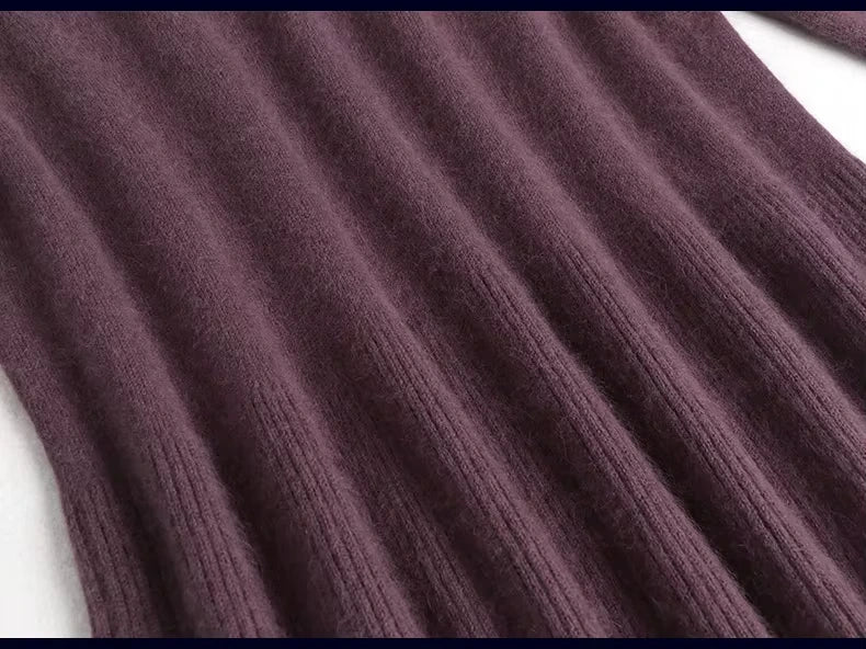 Plum wool blend turtleneck midi jumper dress with embroidered details, close up view — 30 — view 34