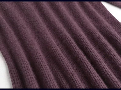 Plum wool blend turtleneck midi jumper dress with embroidered details, close up view — 30 — view 34