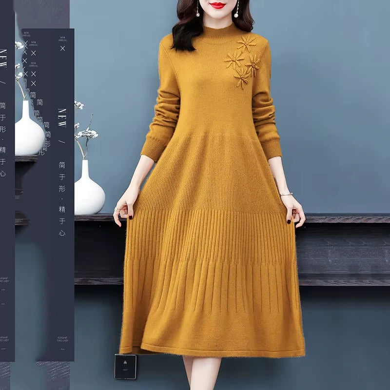 Women's embroidered wool blend midi jumper dress with floral detail, showcasing a textured knit design — view 5