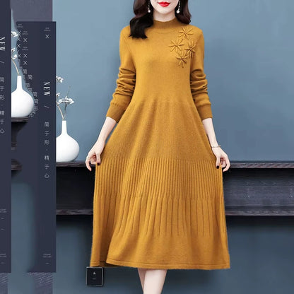 Women's embroidered wool blend midi jumper dress with floral detail, showcasing a textured knit design — view 5