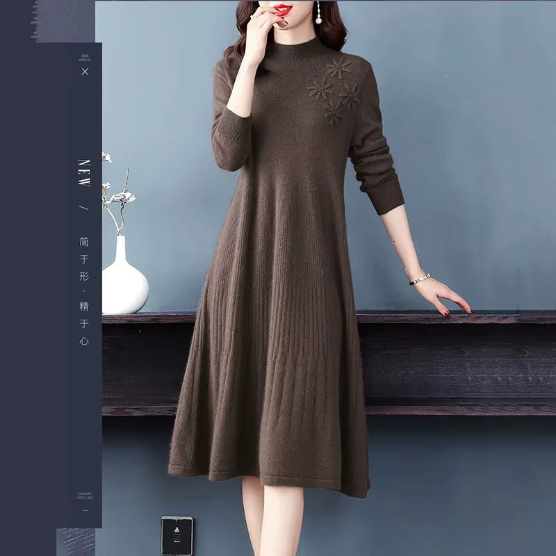 Brown wool blend midi jumper dress with embroidered floral detail on the shoulder, long sleeves — view 2 — view 6