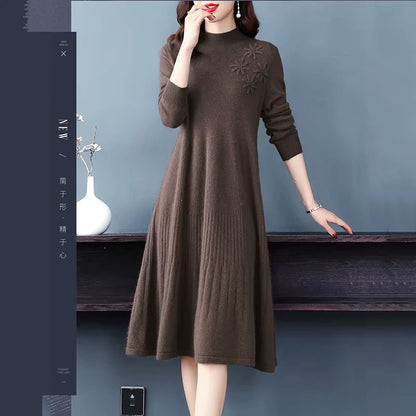 Brown wool blend midi jumper dress with embroidered floral detail on the shoulder, long sleeves — view 2 — view 6