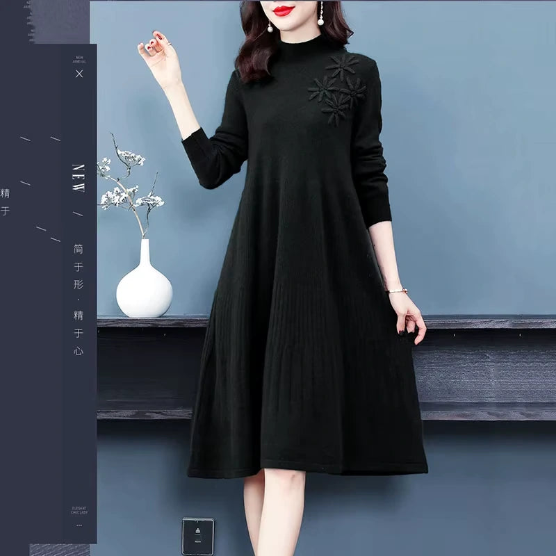 Black wool blend midi jumper dress with embroidered detail, long sleeves, and turtleneck — view 3 — view 7