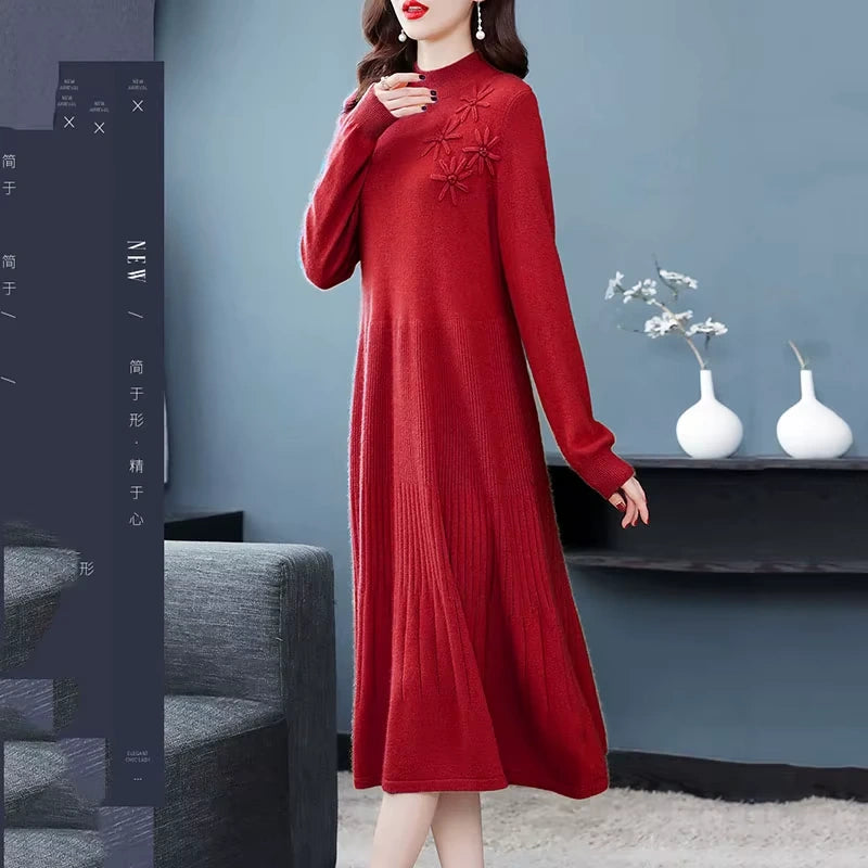 Women's embroidered wool blend midi jumper dress in red with floral detail, indoor setting — view 4 — view 8