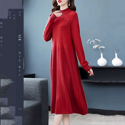 Women's embroidered wool blend midi jumper dress in red with floral detail, indoor setting — view 4 — view 8