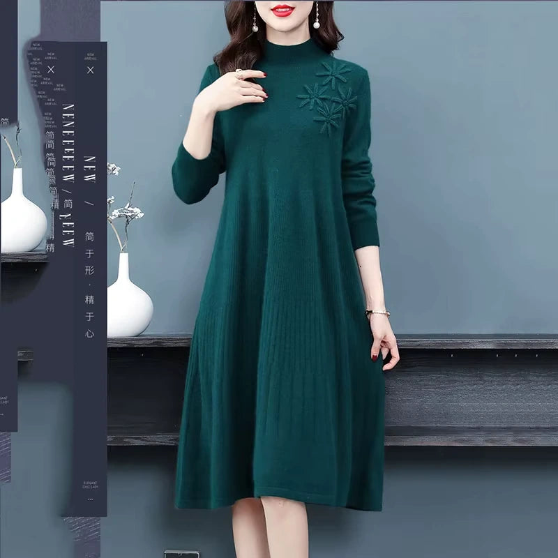 Green embroidered wool blend midi jumper dress with turtleneck, featuring long sleeves — view 5 — view 9
