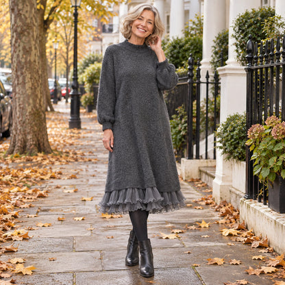 Women's Lace Trim Half High Collar Midi Jumper Dress in Grey, worn by a happy model UK autumn setting