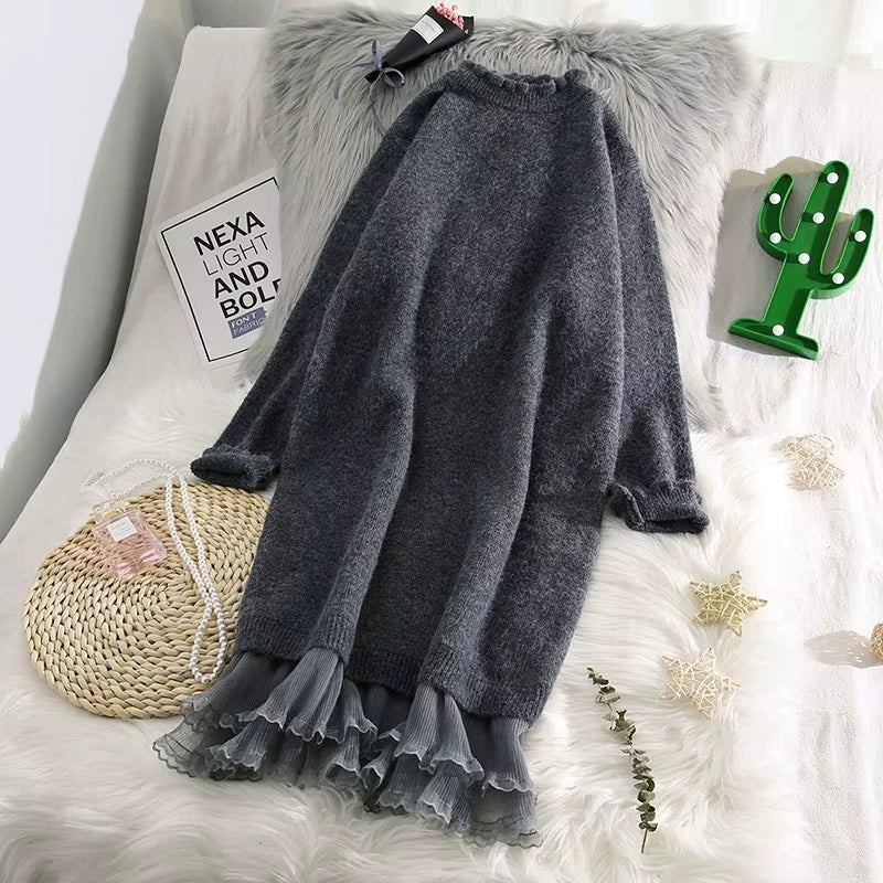 Midi jumper dress — Grey with lace trim on the hem, displayed a bed — view 7 — view 10