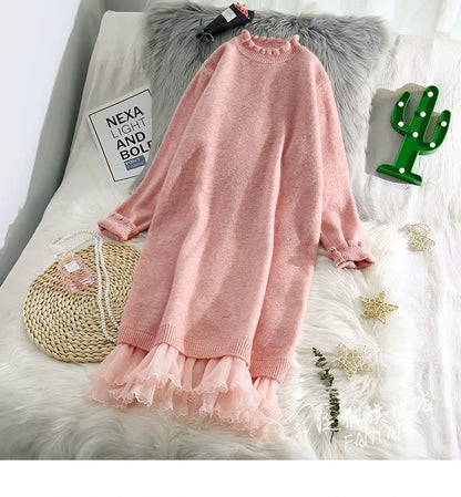 Women's lace trim half high collar midi jumper dress on a bed with decorative items — view 8 — view 11