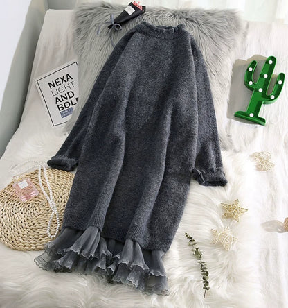 Women's lace trim half high collar midi jumper dress on a bed with decorative items — view 10 — view 13