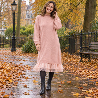Women's Lace Trim Half High Collar Midi Jumper Dress in Pink, worn by a happy model UK autumn setting — view 2