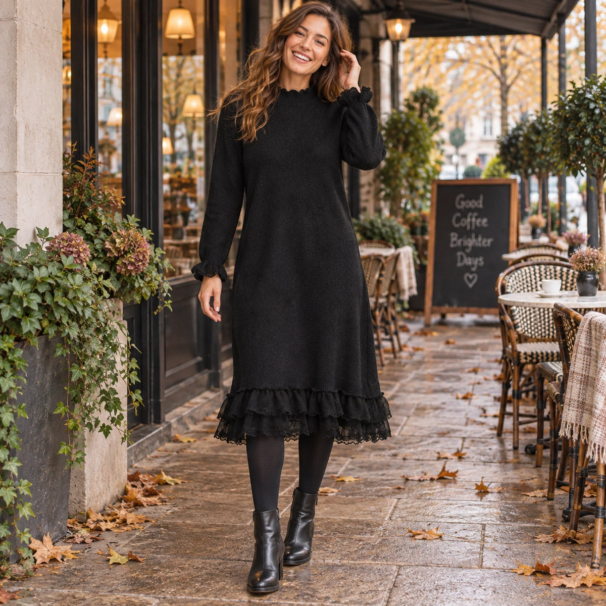 Women's Lace Trim Half High Collar Midi Jumper Dress in Black, worn by a happy model UK autumn setting — view 3