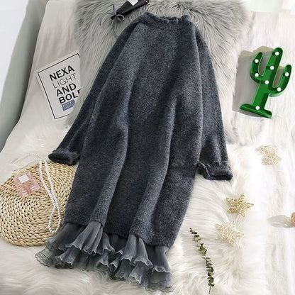 Grey women's lace trim half high collar midi jumper dress with ruffled hem, displayed on a bed — view 4
