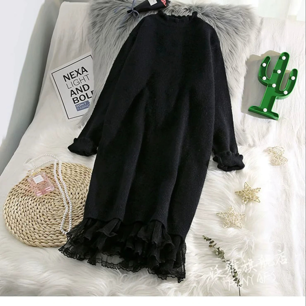 Black lace trim half high collar midi jumper dress on a bed, showcasing elegant ruffled hem — view 2 — view 5