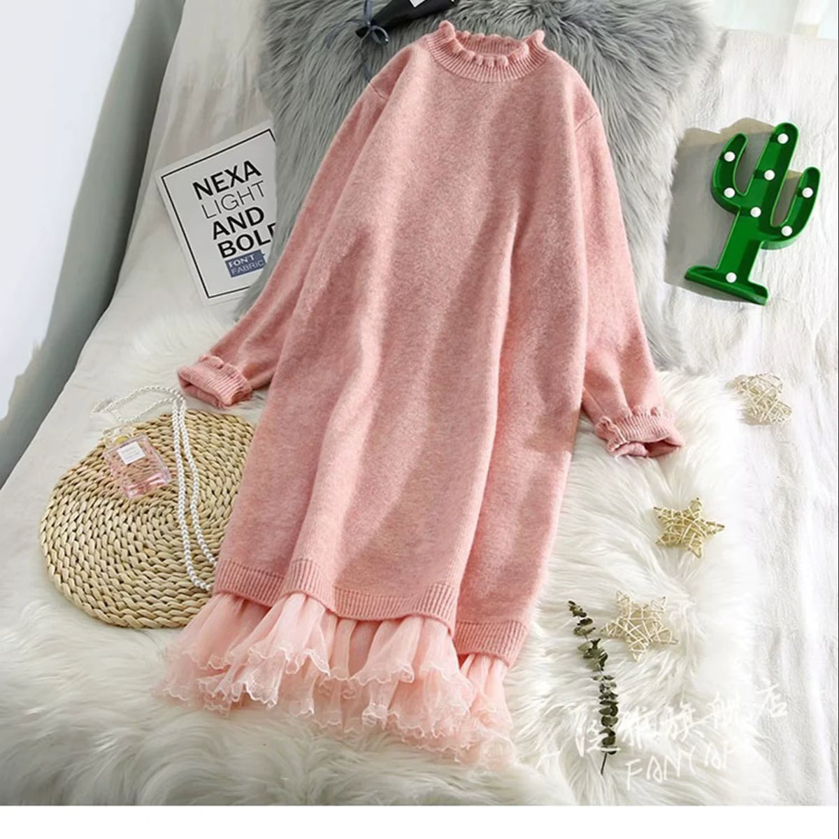 Pink women's lace trim half high collar midi jumper dress on a bed with decorative items — view 3 — view 6