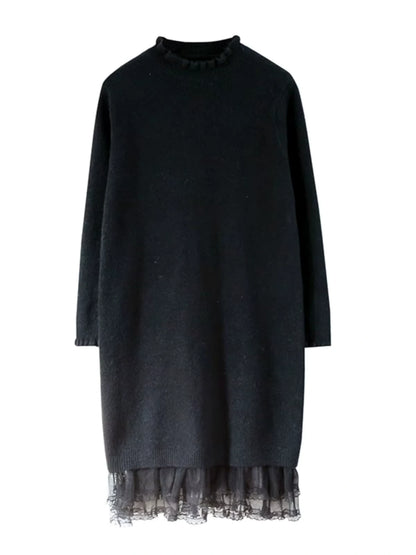 Black lace trim half high collar midi jumper dress, hanging view — 5 — view 8