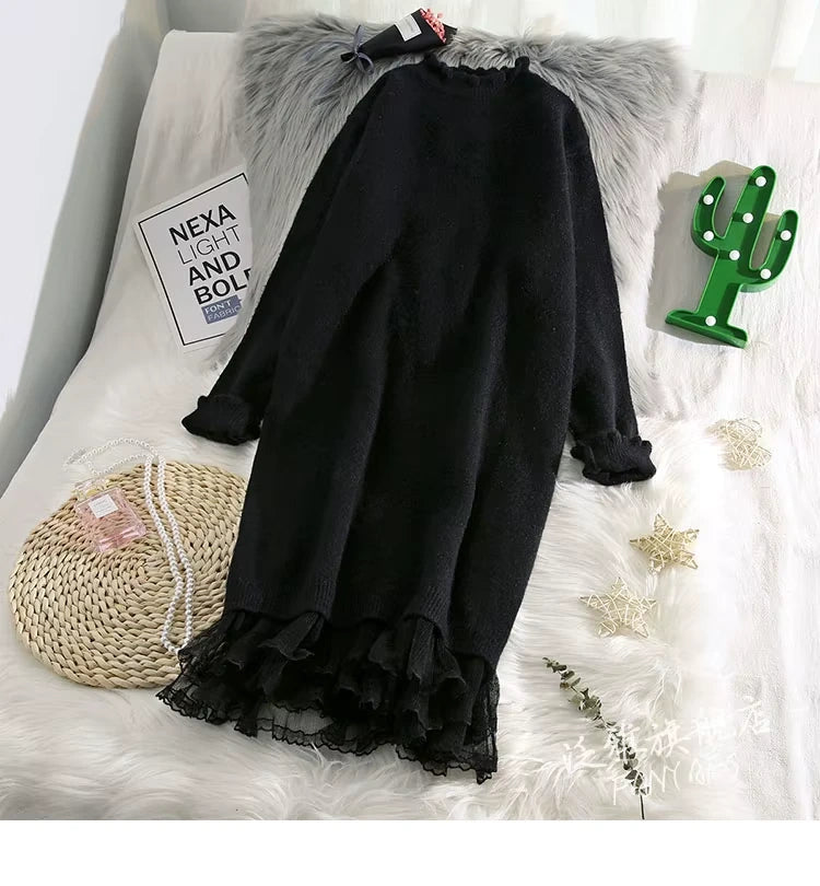Black lace trim half high collar midi jumper dress on a bed with decorative items — view 6 — view 9