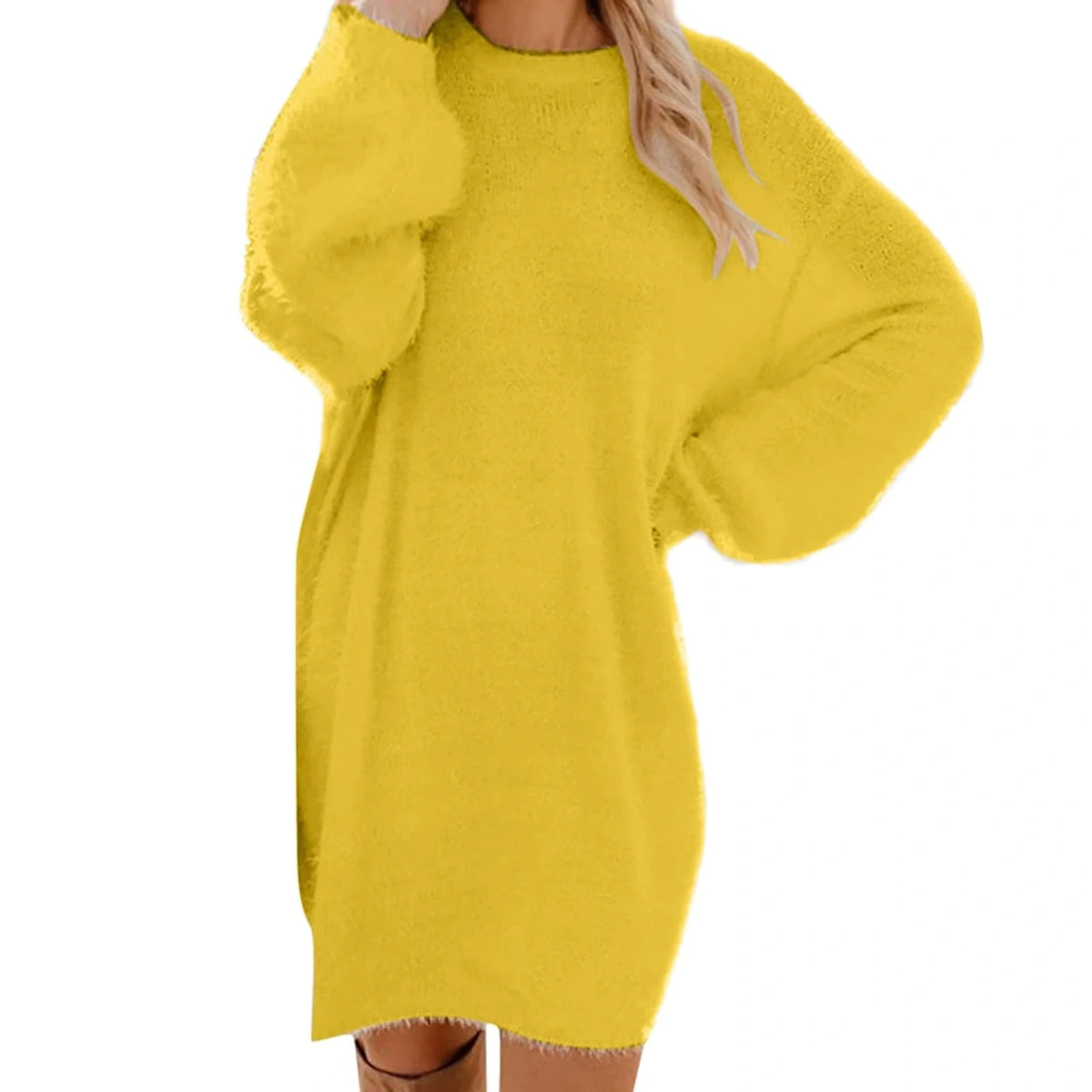 Yellow long sleeve polyester midi jumper dress, relaxed fit — view 11