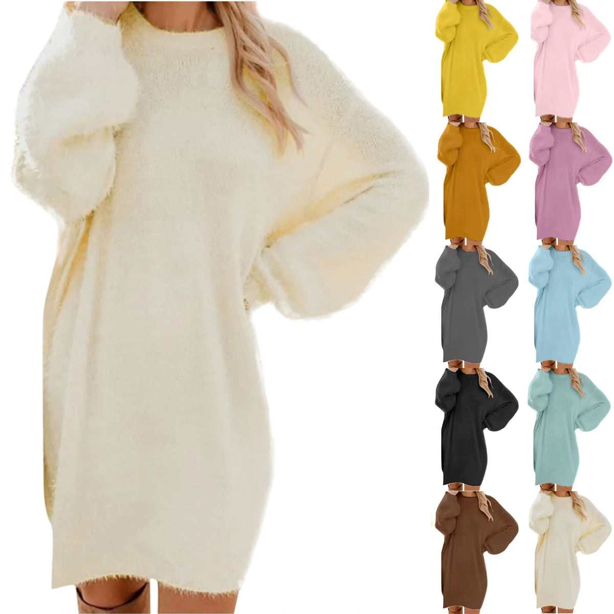 Cream long sleeve midi jumper dress, textured fabric, relaxed fit, side view — 2 — view 12