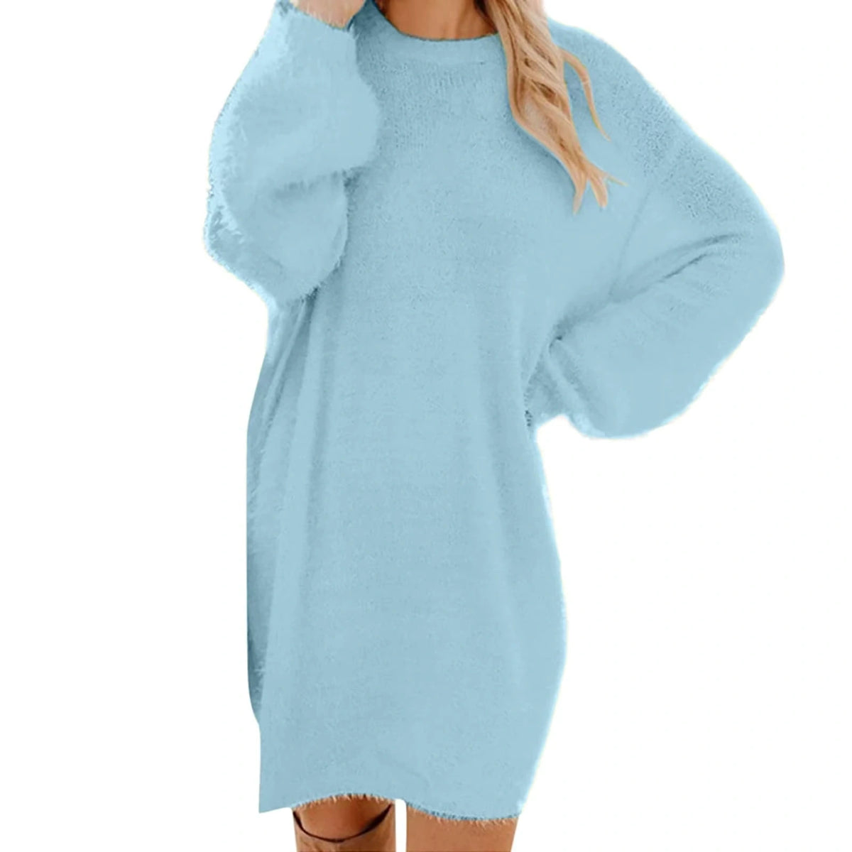 Light blue long sleeve midi jumper dress in soft fabric, relaxed fit — view 3 — view 13