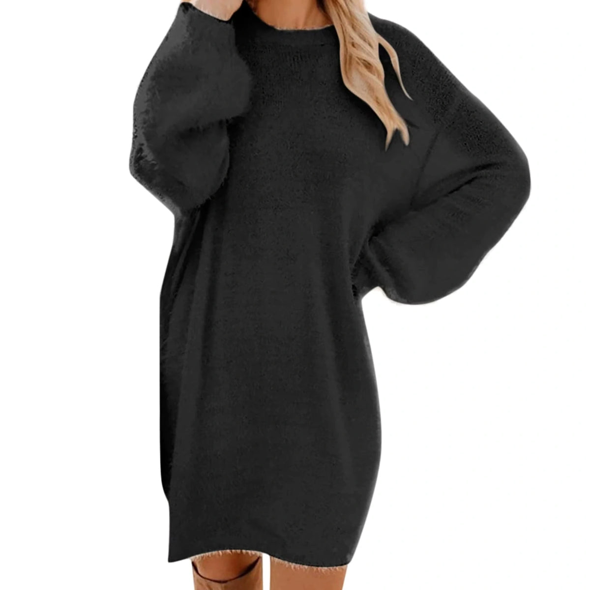 Black long sleeve polyester midi jumper dress, relaxed fit — view 4 — view 14