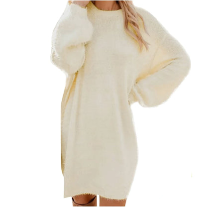 Cream long sleeve midi jumper dress with soft texture, front view — 5 — view 15