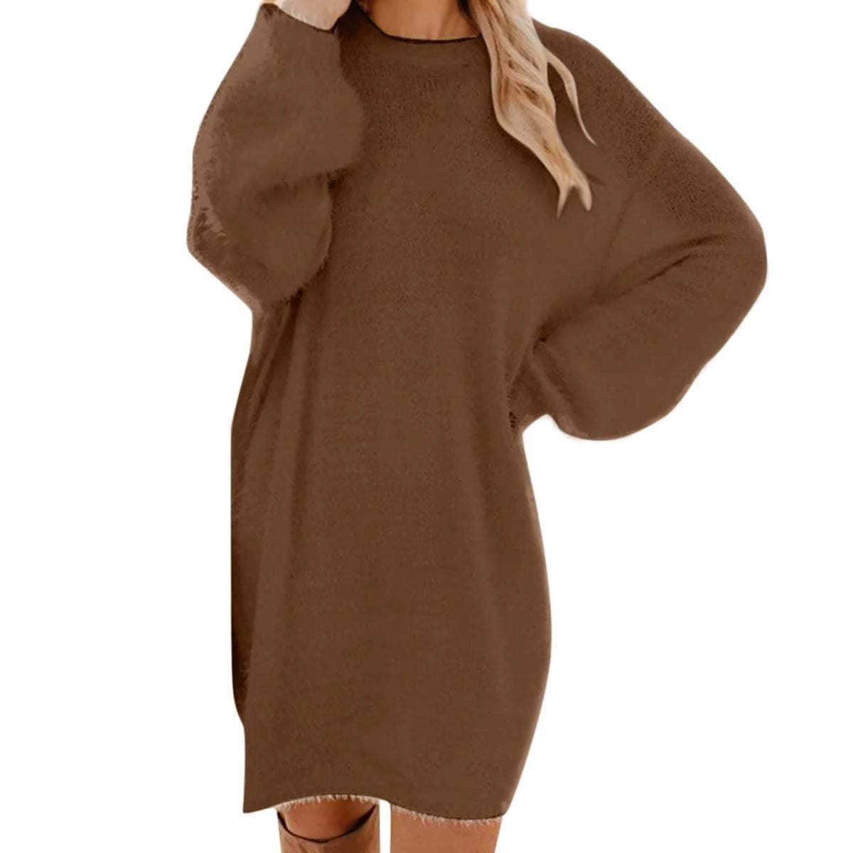 Women's brown long sleeve midi jumper dress with relaxed fit, front view — 8 — view 18