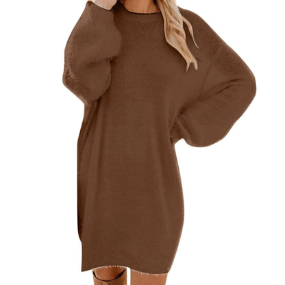 Women's brown long sleeve midi jumper dress with relaxed fit, front view — 8 — view 18
