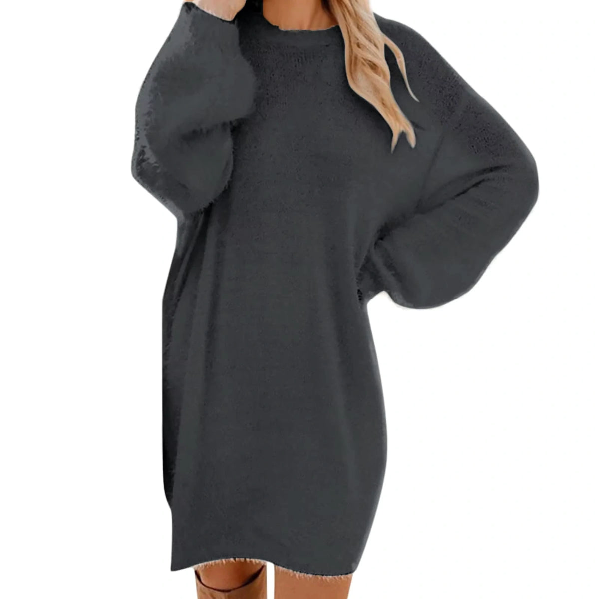Women's long sleeve polyester midi jumper dress in dark grey, relaxed fit — view 9 — view 19