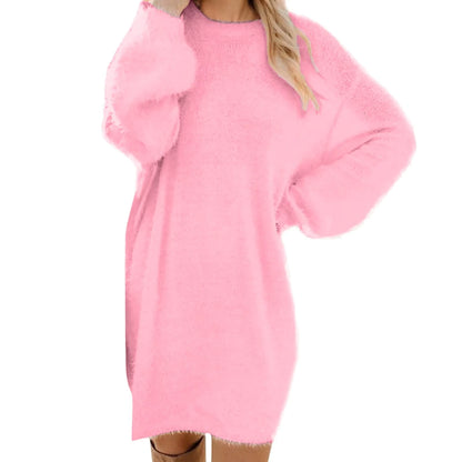 Pink long sleeve midi jumper dress with soft texture, front view — 11 — view 21