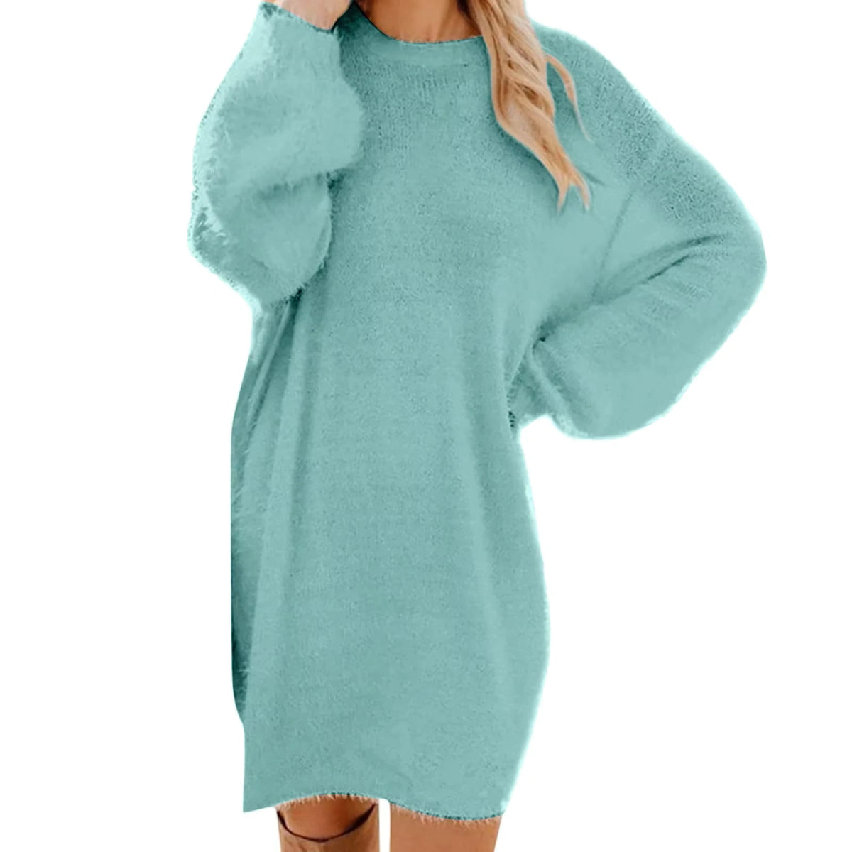 Women's long sleeve midi jumper dress in light blue polyester, relaxed fit — view 12 — view 22