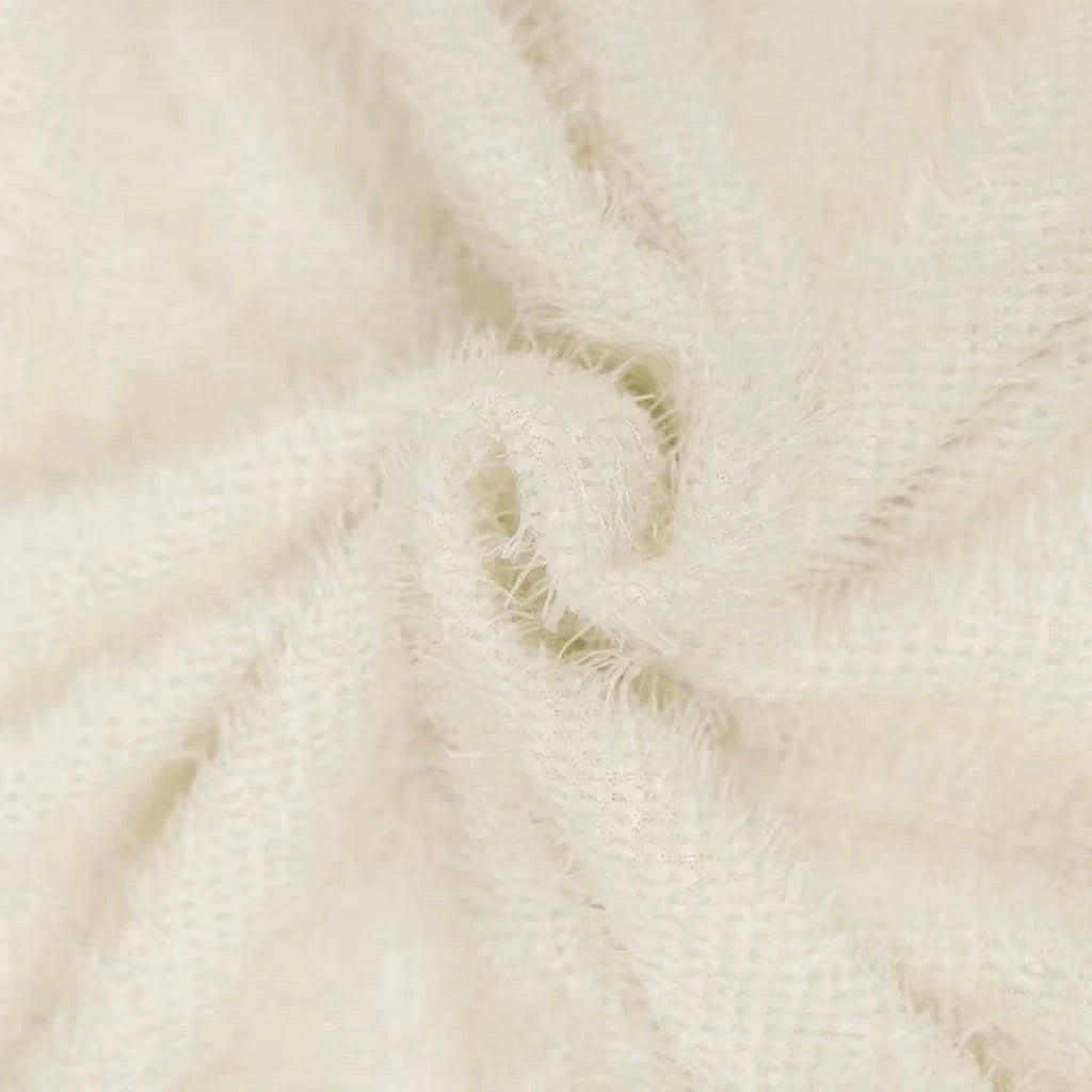 Cream coloured polyester fabric texture, close up view of women's midi jumper dress material — 14 — view 24