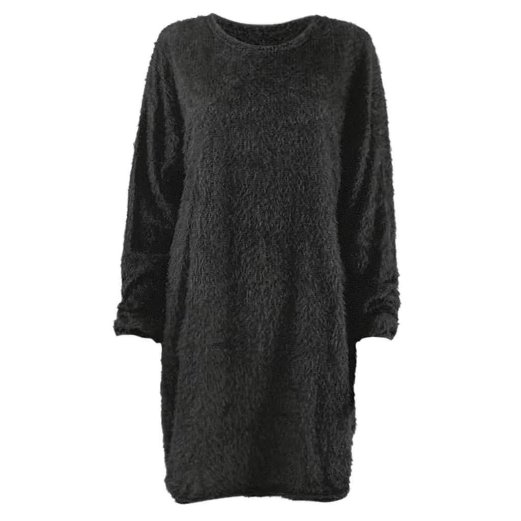 Black long sleeve polyester midi jumper dress, textured fabric, front view — 17 — view 27