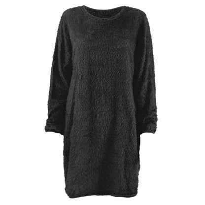 Black long sleeve polyester midi jumper dress, textured fabric, front view — 17 — view 27