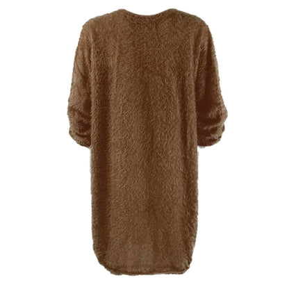 Brown long sleeve polyester midi jumper dress, back view — 18 — view 28