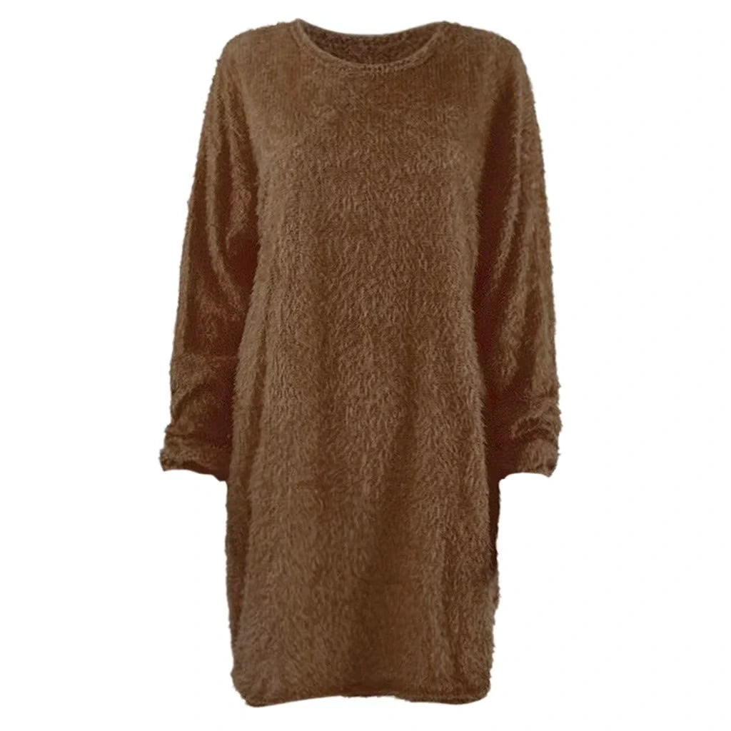 Brown long sleeve polyester midi jumper dress, front view — 20 — view 30