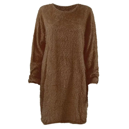Brown long sleeve polyester midi jumper dress, front view — 20 — view 30