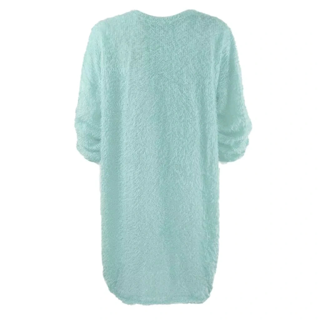 Aqua blue long sleeve midi jumper dress with a textured finish, back view — 24 — view 34