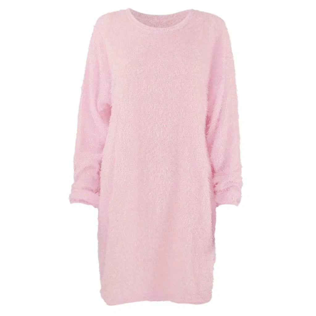 Light pink long sleeve midi jumper dress in soft polyester, front view — 28 — view 38